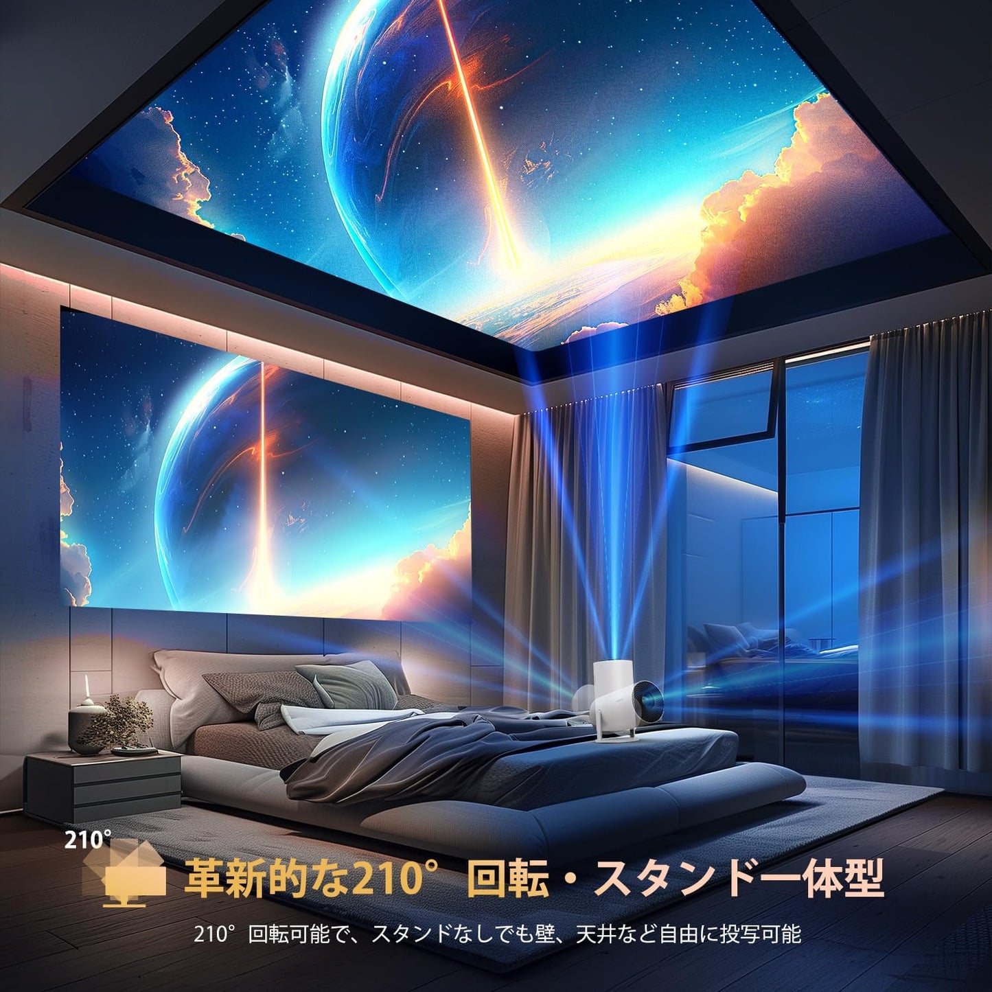 【210°回転・Android TV搭載】 YOWHICK プロジェクター 小型 自動台形補正 1080P 13000LM プロジェクター 天井投影 4K対応 5G Wi-Fi対応 Bluetooth5.3 HiFiスピーカー内蔵 ホームプロジェクター 家庭用 50%ズーム機能 スマホ/ノートパソコン/DVD/Switch/などに対応