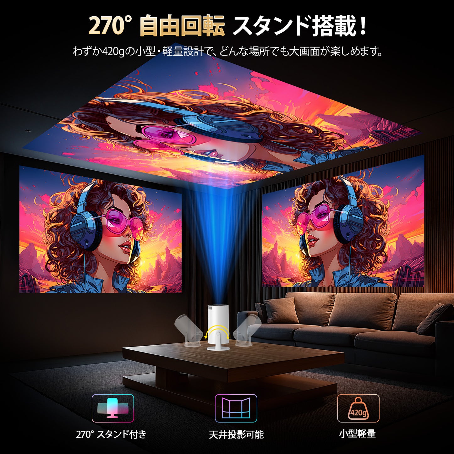YOWHICK プロジェクター 家庭用 2025年最新進化・Android TV搭載・270°回転 天井投影 27000LM フルHD プロジェクター 小型 Wi-Fi 自動台形補正 Bluetooth5.4 内蔵HiFiスピーカー スマホ/PC/Switch/DVD等に対応 3年保証
