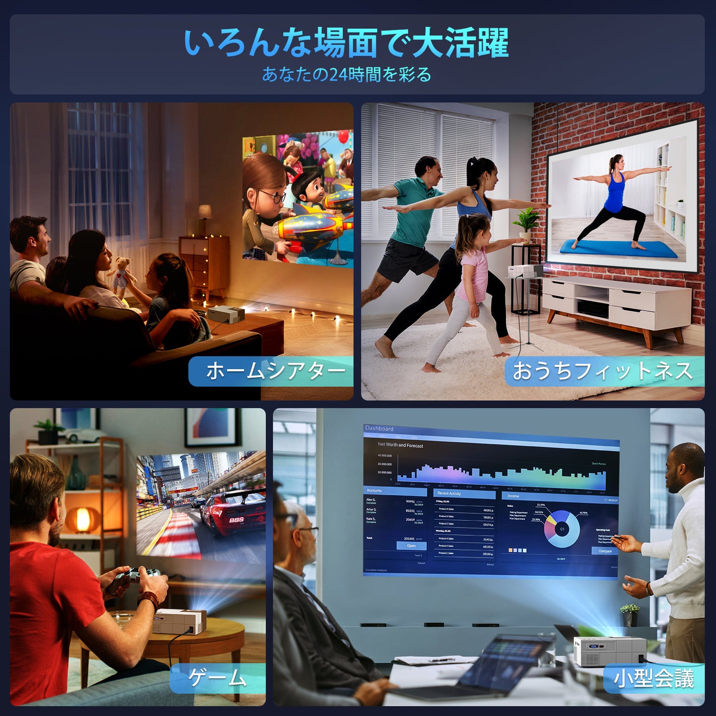 【2024最新家庭用・ビジネス両用&100"スクリーン付き&昼間も見れる】YOWHICK プロジェクター 小型 5GWiFi瞬時接続 22000LM高輝度 4K対応 1080PフルHD Bluetooth5.3搭載 台形補正 50%ズーム機能 家庭用300"大画面 天井吊り可 ホームプロジェクター スマホ/パソコン/タブレット/PS4/PS5ゲーム機/DVD接続可 3年保証