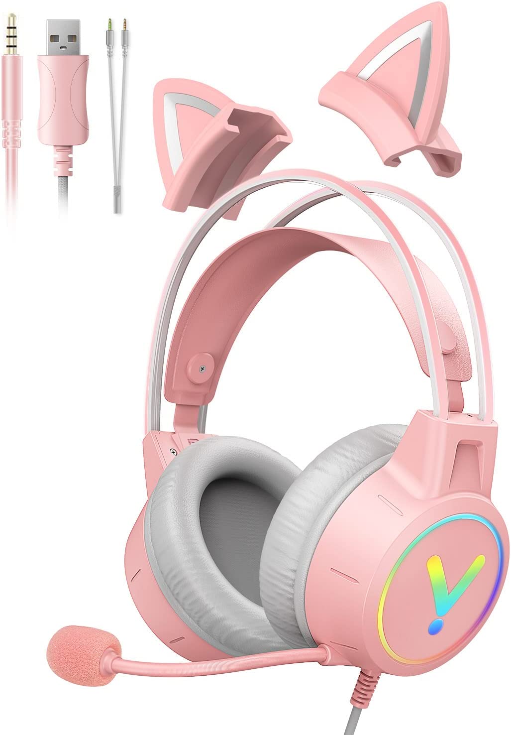 ゲーミングヘッドホン 猫耳ヘッドフォン マイク付き PC用ヘッドセット ピンク