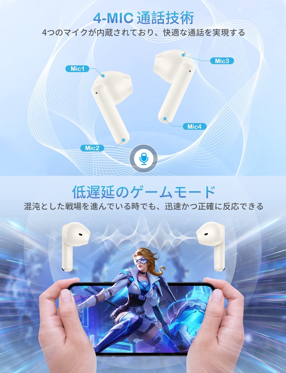 YOWHICK 完全ワイヤレスイヤホン Bluetooth 5.3+EDR ハンズフリー通話 CVC8.0 ノイズキャンセリング ぶるーとーす ヘッドフォン