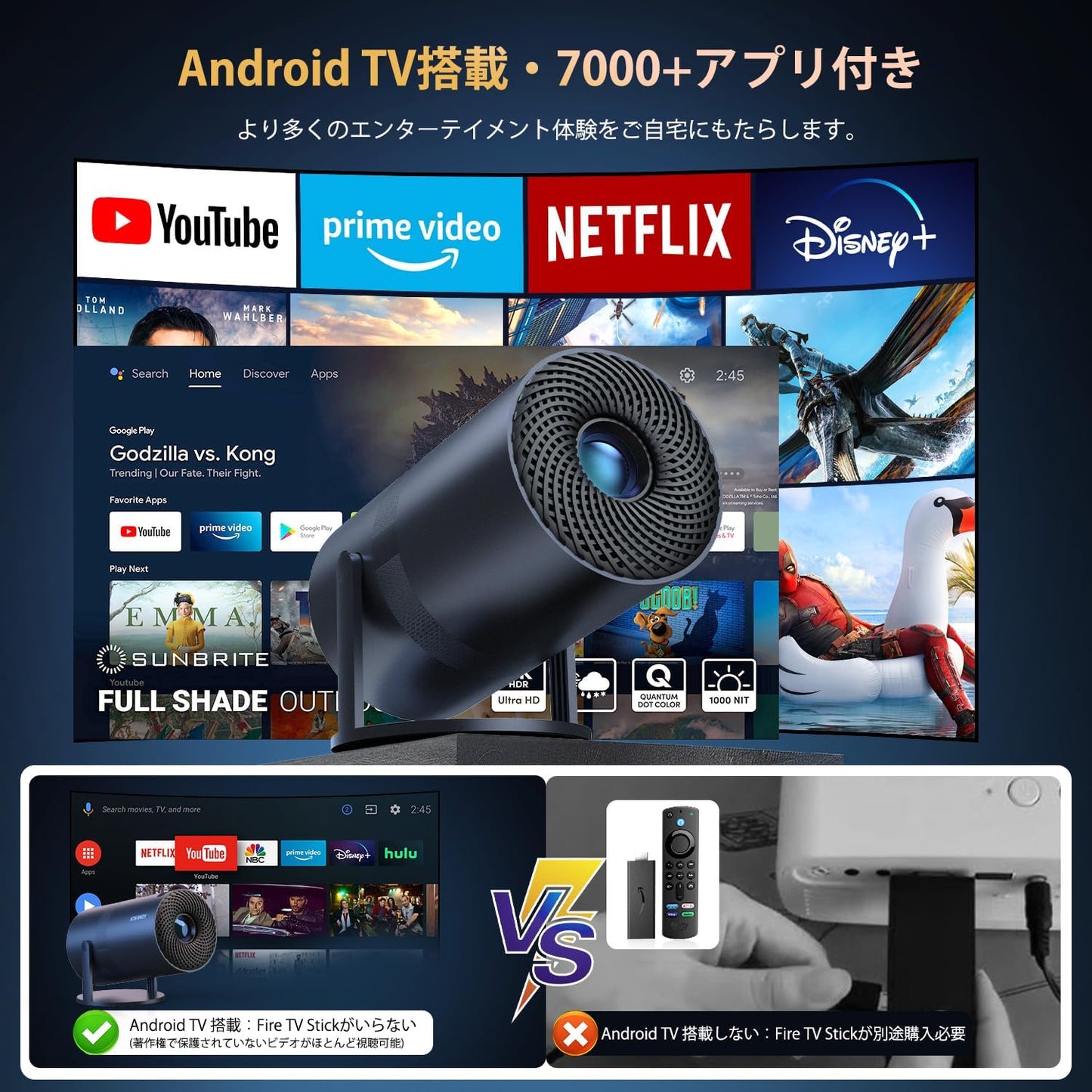 【Android TV搭載・270°回転】YOWHICK プロジェクター 小型 16000LM 1080P Wi-Fi6 4K対応 ロジェクター 家庭用 自動台形補正 Bluetooth5.3 HiFiスピーカー内蔵 ホーム プロジェクター 天井投影 スマホ/ノートパソコン/DVD/Switch/などに対応