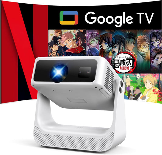 YOWHICK プロジェクター 4K【Google TV搭載・スタンド一体型】家庭用 10000+アプリ対応 1200ANSI高輝度 スピーカー内蔵 天井投影 自動台形補正 1080P 小型 静音 ホワイト H6